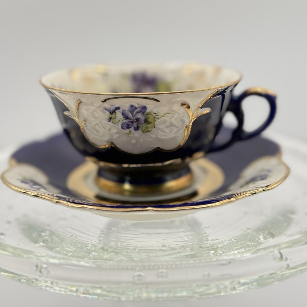 Vtg Winterling Bavaria Teacup Saucer Gold Gilt Lavender Violets GrannyCore #6614